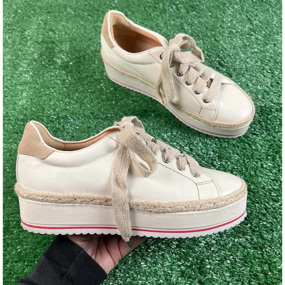 Joie Dabnis Lace-Up Platform Sneakers in White Leather Jute Espadrille Shoe SZ 8